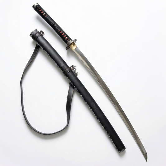 Executioner Katana 1.0 with full-black blade, red and black wrapped handle, and black scabbard with white stitching