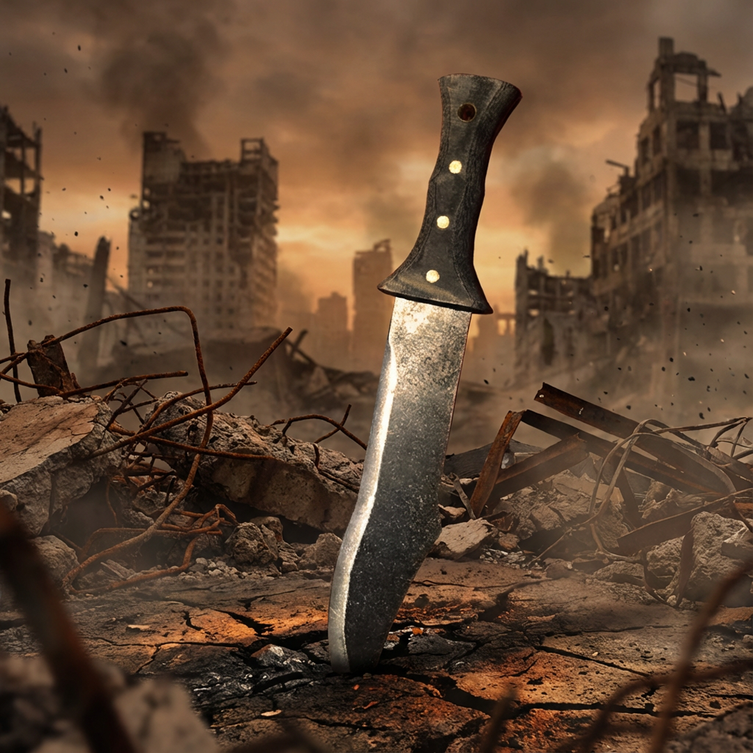 Mini-X Survival Dagger stuck in cracked ground with a ruined city behind it