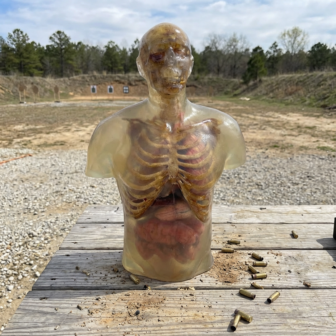 Clear ballistic gel zombie torso with visible skeleton on a wooden table at a shooting range