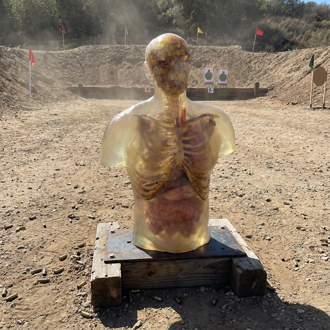Clear ballistic gel zombie torso with visible skeleton on a wooden stand at a shooting range