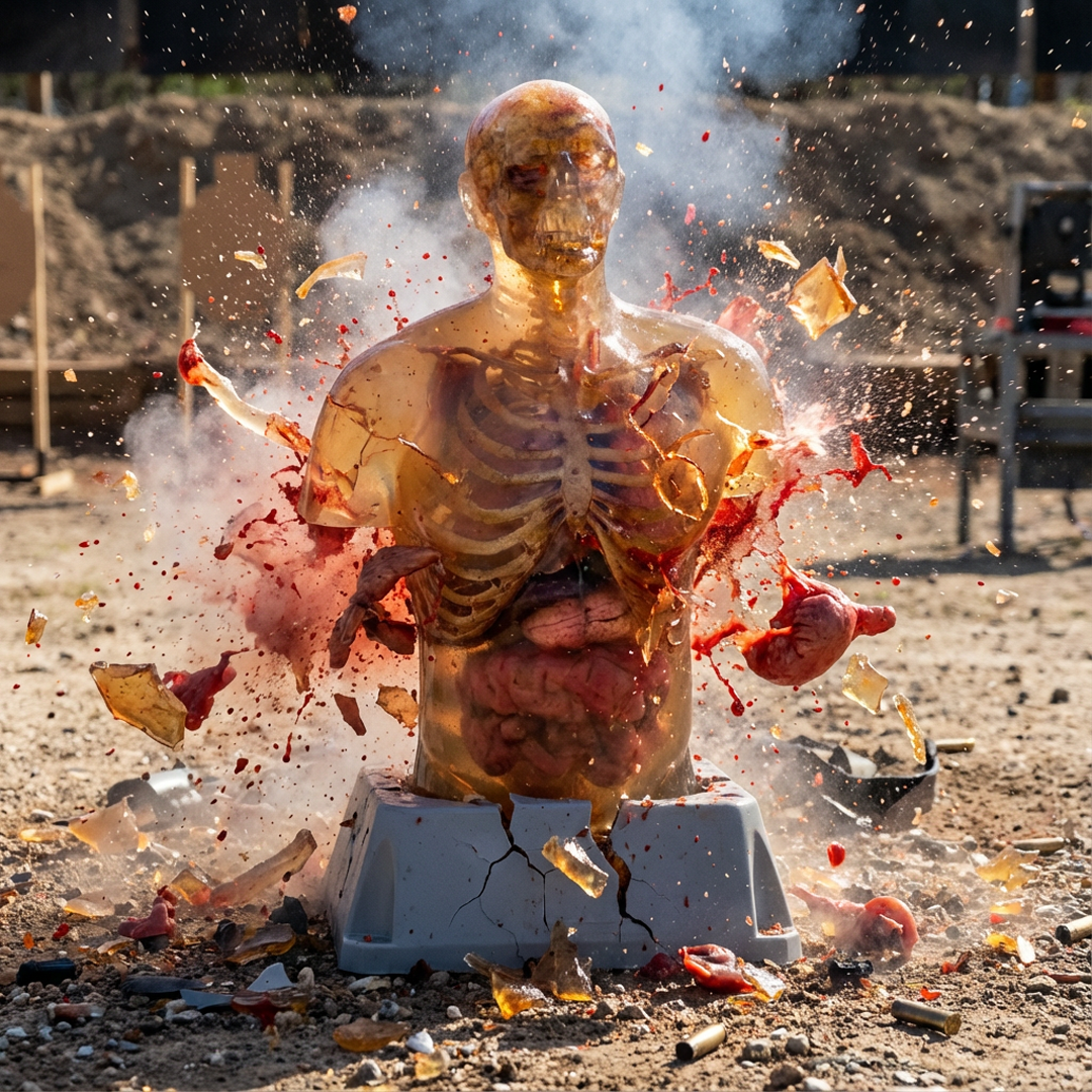 Clear ballistic gel zombie torso exploding with fake blood at a shooting range