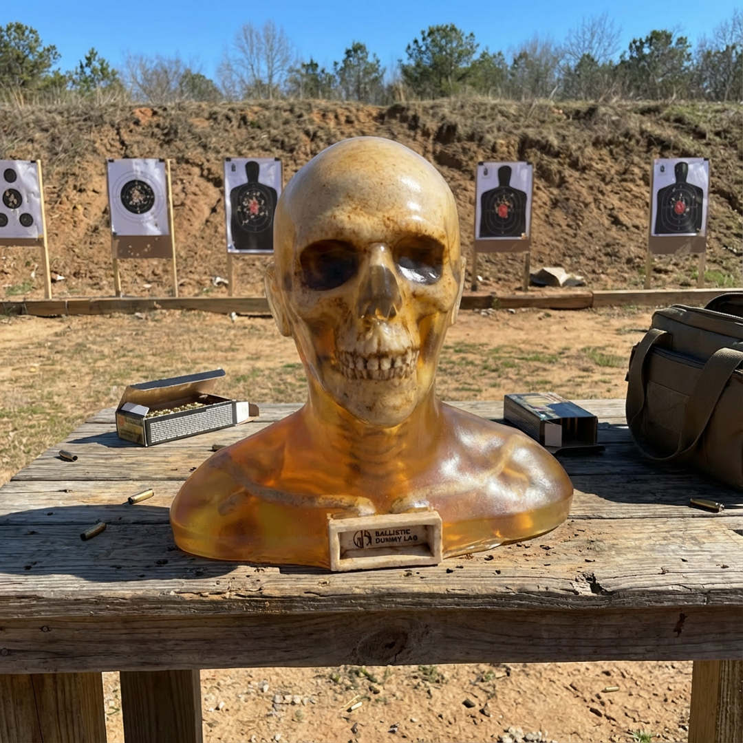 Clear ballistic gel zombie bust with visible skeleton on a wooden table at a shooting range