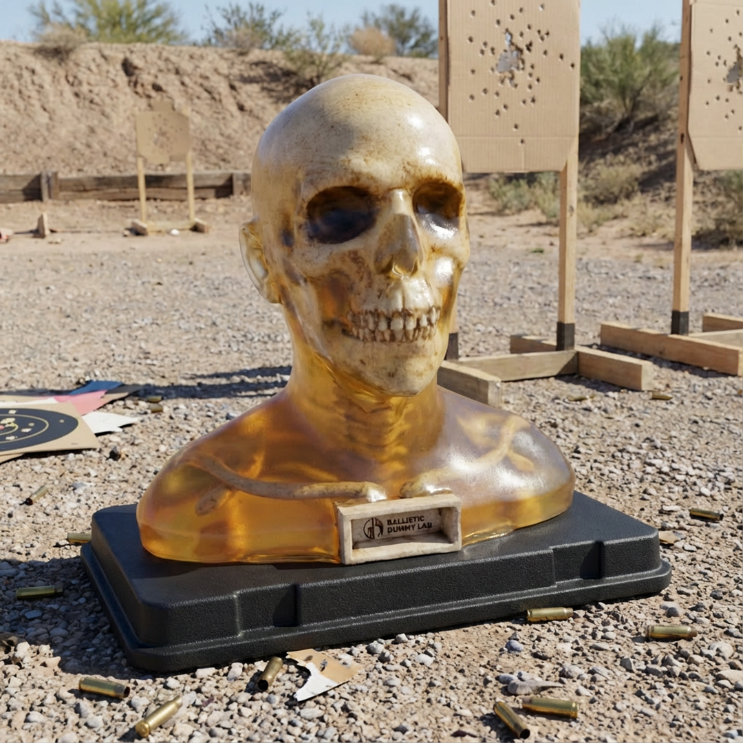 Clear ballistic gel zombie bust with visible skeleton on a black base at a shooting range