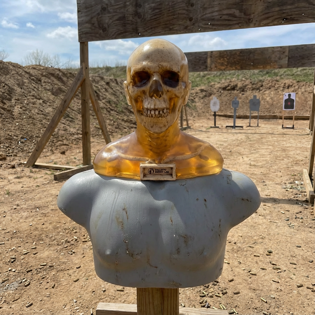 Clear ballistic gel zombie head mounted on a gray torso dummy at a shooting range
