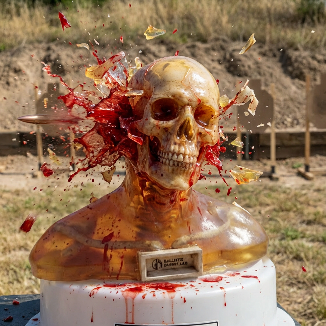 Clear ballistic gel zombie bust exploding with fake blood on a white base at a shooting range