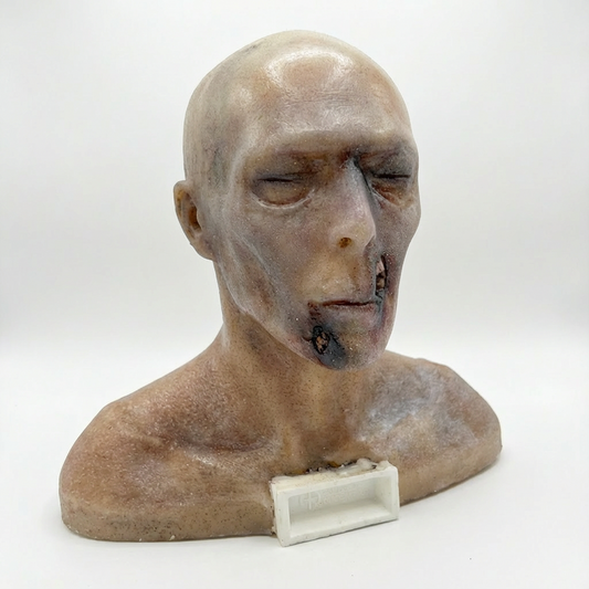 Flesh-tone ballistic gel zombie bust with wound detail, front view, on a white background