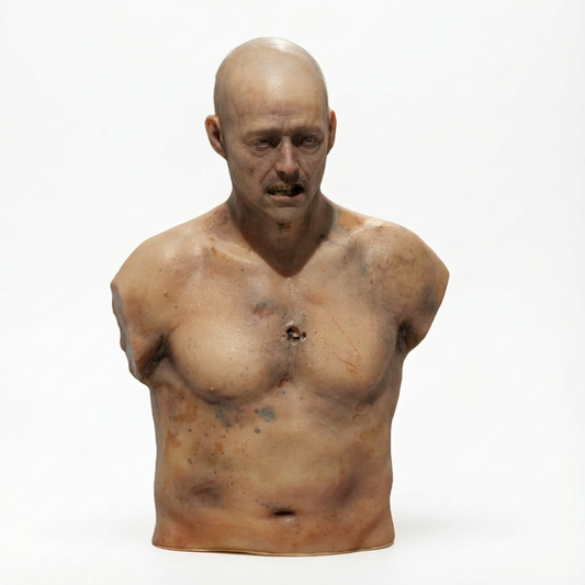 Flesh-tone ballistic gel zombie torso with wound detail, front view, on a white background