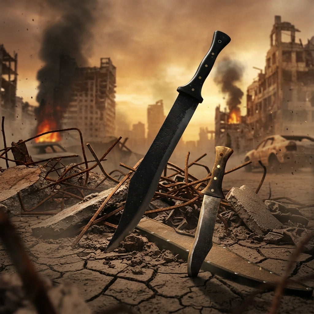 Executioner and Mini-X blades in a burning post-apocalyptic city