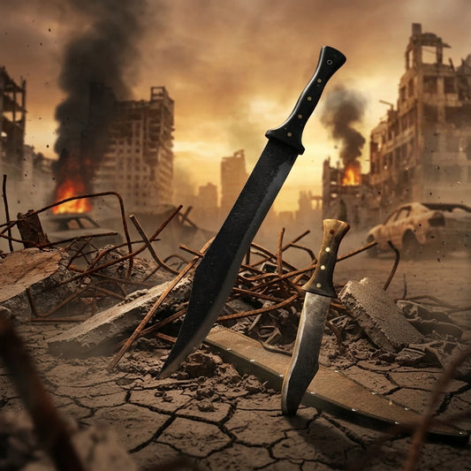 Executioner and Mini-X blades in a burning post-apocalyptic city