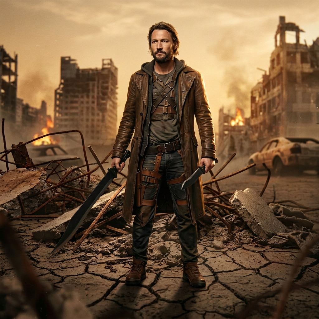 Survivor holding the Executioner sword and Mini-X dagger in a burning ruined city